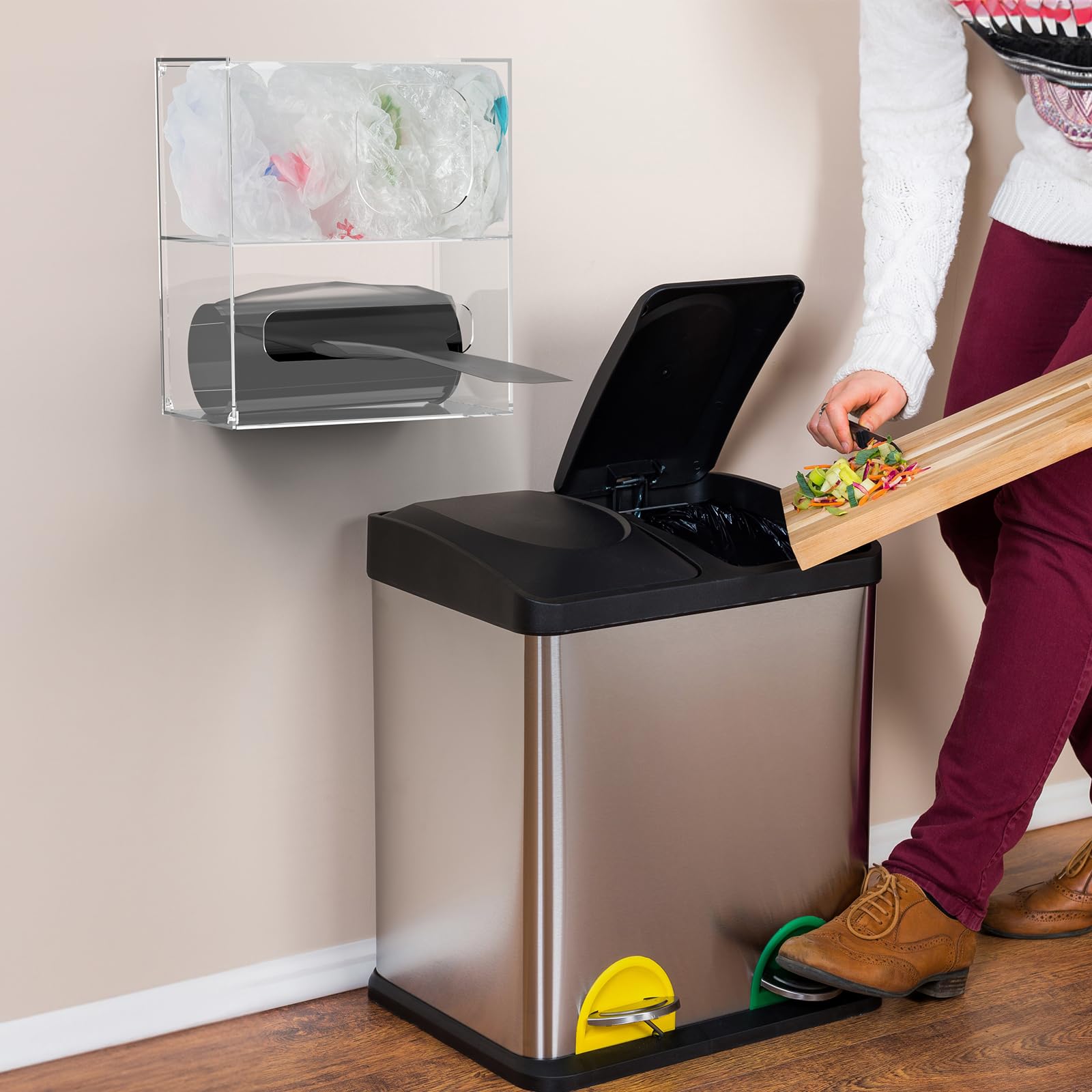 NiHome Soporte para bolsas de comestibles y dispensador de bolsas de basura de acrílico transparente 2 en 1 con tapa magnética, ahorro de espacio con opciones de montaje flexibles para el hogar y la