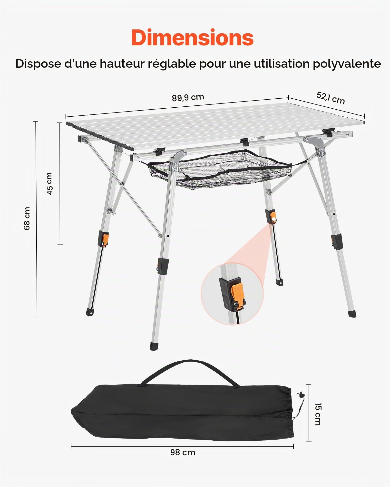 VEVOR Table de Camping Pliante Enroulable 90x52 cm, Table d'Appoint Portable en Aluminium, avec Hauteur Réglable, Couche en Maille et Sac de Transport, pour Cuisine en Plein Air, Pique-Nique, Argent