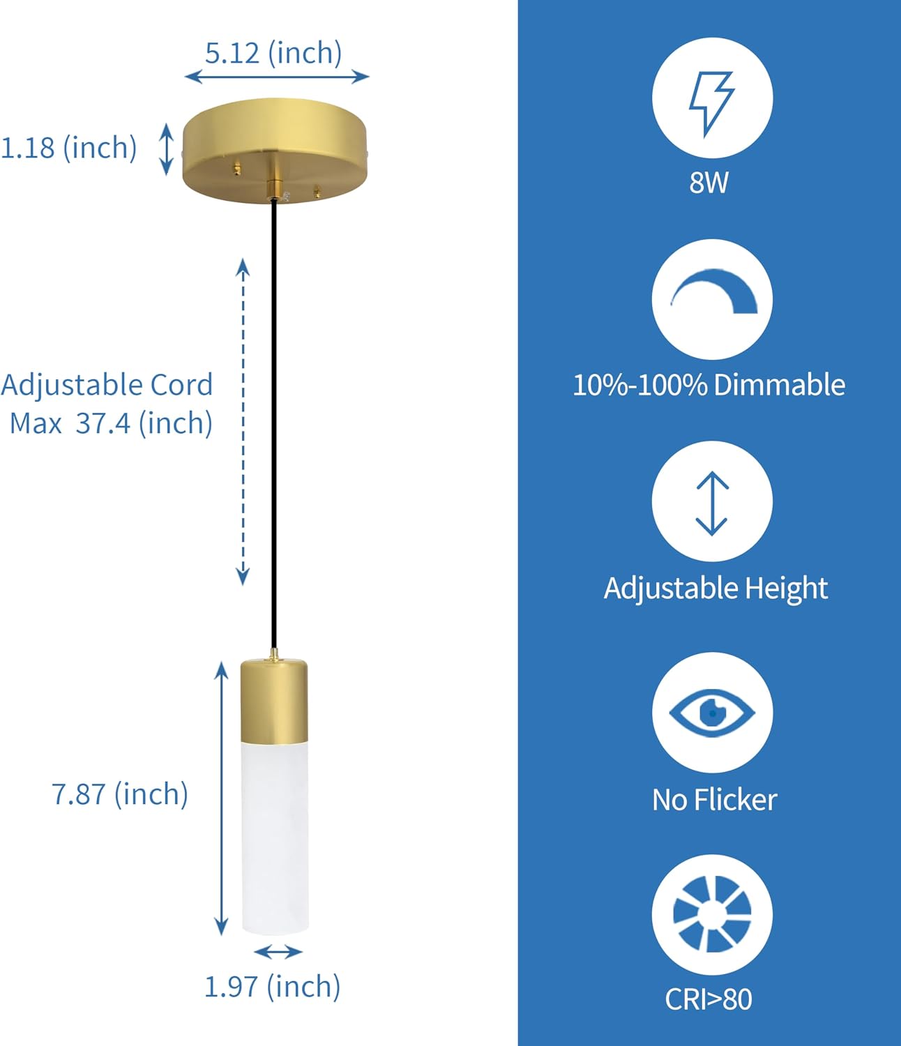 Jolux Gold Pendant Light Solid Cylinder Pendant Light for Kitchen Island & Dining Room - 5CCT Dimmable Fixtures with Modern Design, 8W 2700-5000K, Easy Installation & Flicker (1Pack).