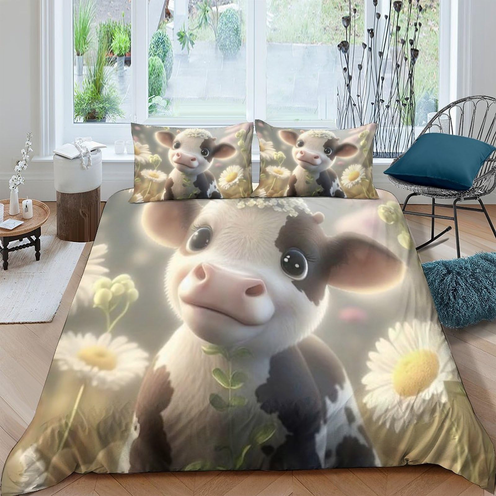 Ctjqhvkz Style-1 3D Printed Cute Cow Flower Fitted Sheet Microfiber Soft Breathable Pastoral Bed Cover For Bedroom Dorm Decor Single（135X200cm）