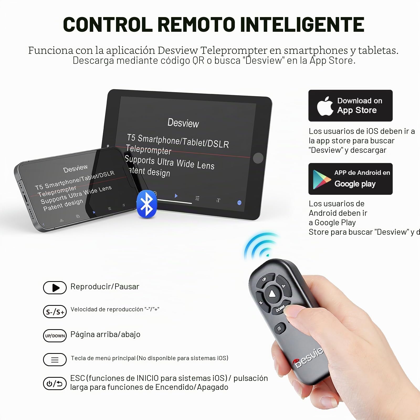 Desview Teleprompter T5 para Smartphone y Tablet, Grabación de Vídeo | Compatible con Cámaras DSLR. Incluye Anillos Adaptadores de 49-82 mm, Cristal Recubierto, Control Remoto Bluetooth, Aplicación
