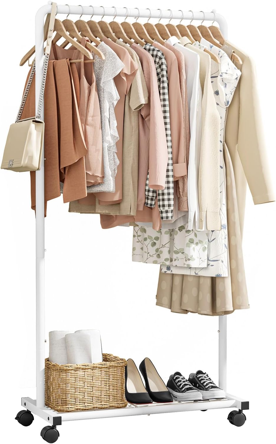 Sakugi Clothes Rack - Clothing Rack with Storage Mesh Shelf & Casters, Heavy-Duty Metal Clothing Rack for Hanging Clothes, Dresses, Coats, Large Load Capacity, Easy Assembly, White, 28.0"x16.9"x59.0"