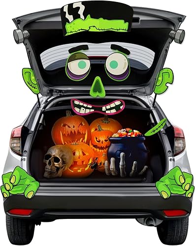 Decoración de Halloween para maletero de Frankenstein o cochera con frente, ojos enormes, orejas, manos, fosas nasales de pernos, colmillos y