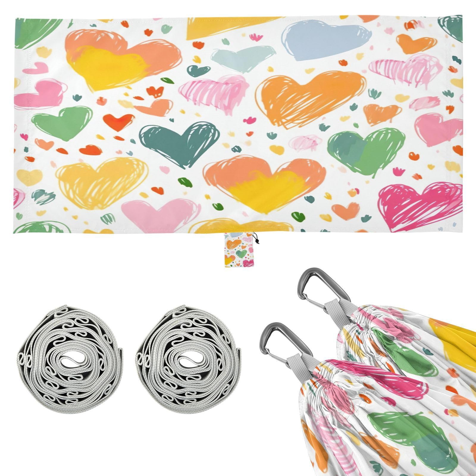 ATTX Colourful Heart Camping Hammock - Lightweight & Portable Hammocks, Heavy Duty 330lbs Capacity for Indoor, Hiking, Backpacking, Travel, Backyard, Beach#347