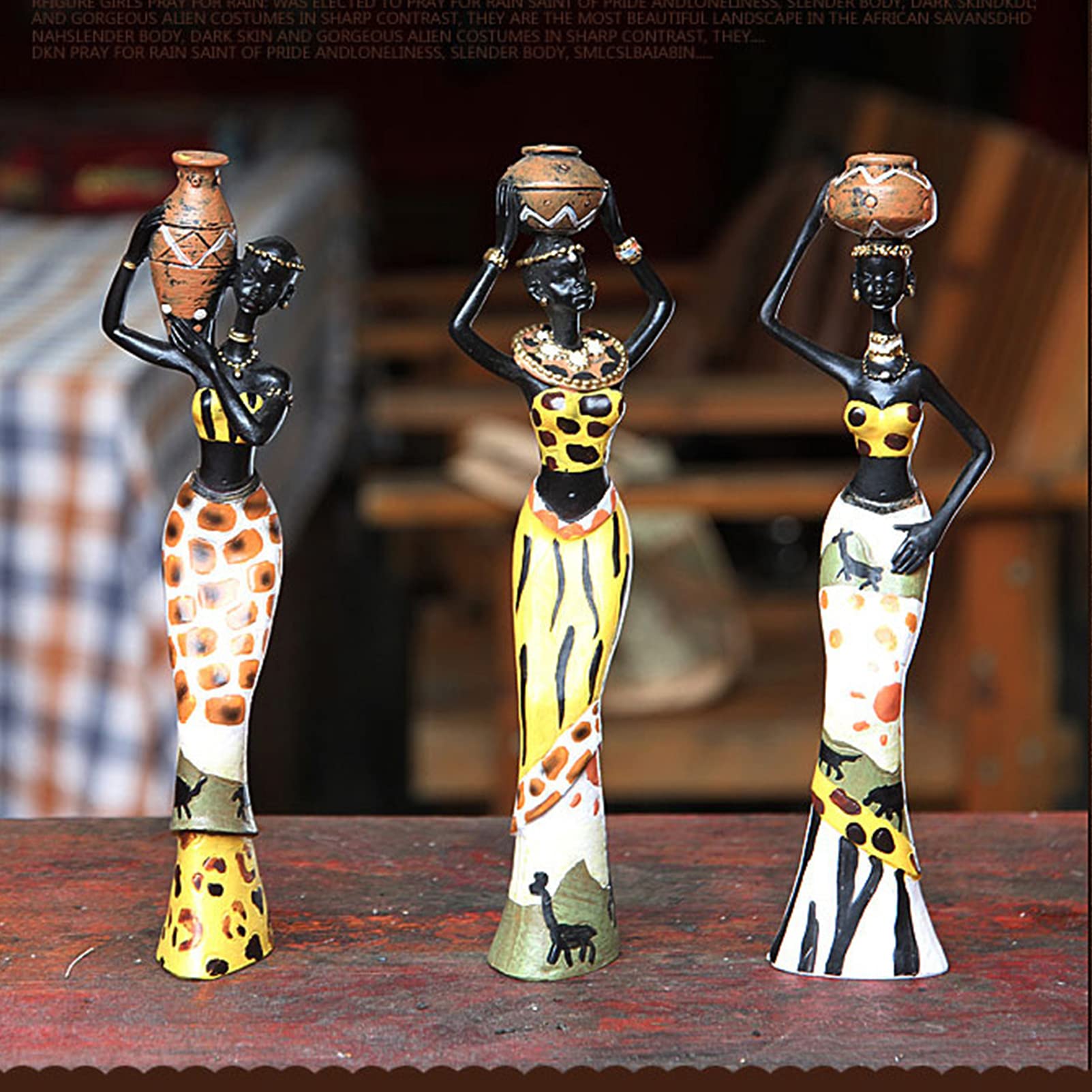 Set di 3 pezzi donne africane figure statue d'arte ragazze tribale signora statuetta decorazione da collezione regalo artigianale W4545-3Pcs
