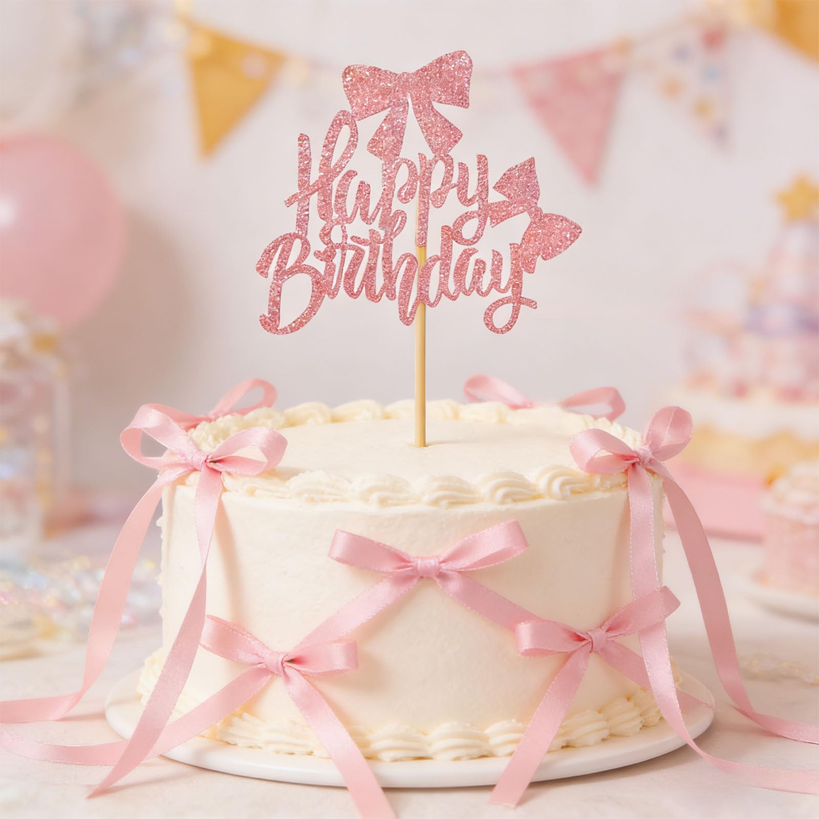 19 Piece Pink Cake Decorations Set - Happy Birthday Sign & 18 Bow Toppers, Reusable Non-Edible Cake Decor for Birthday Party Supplies
