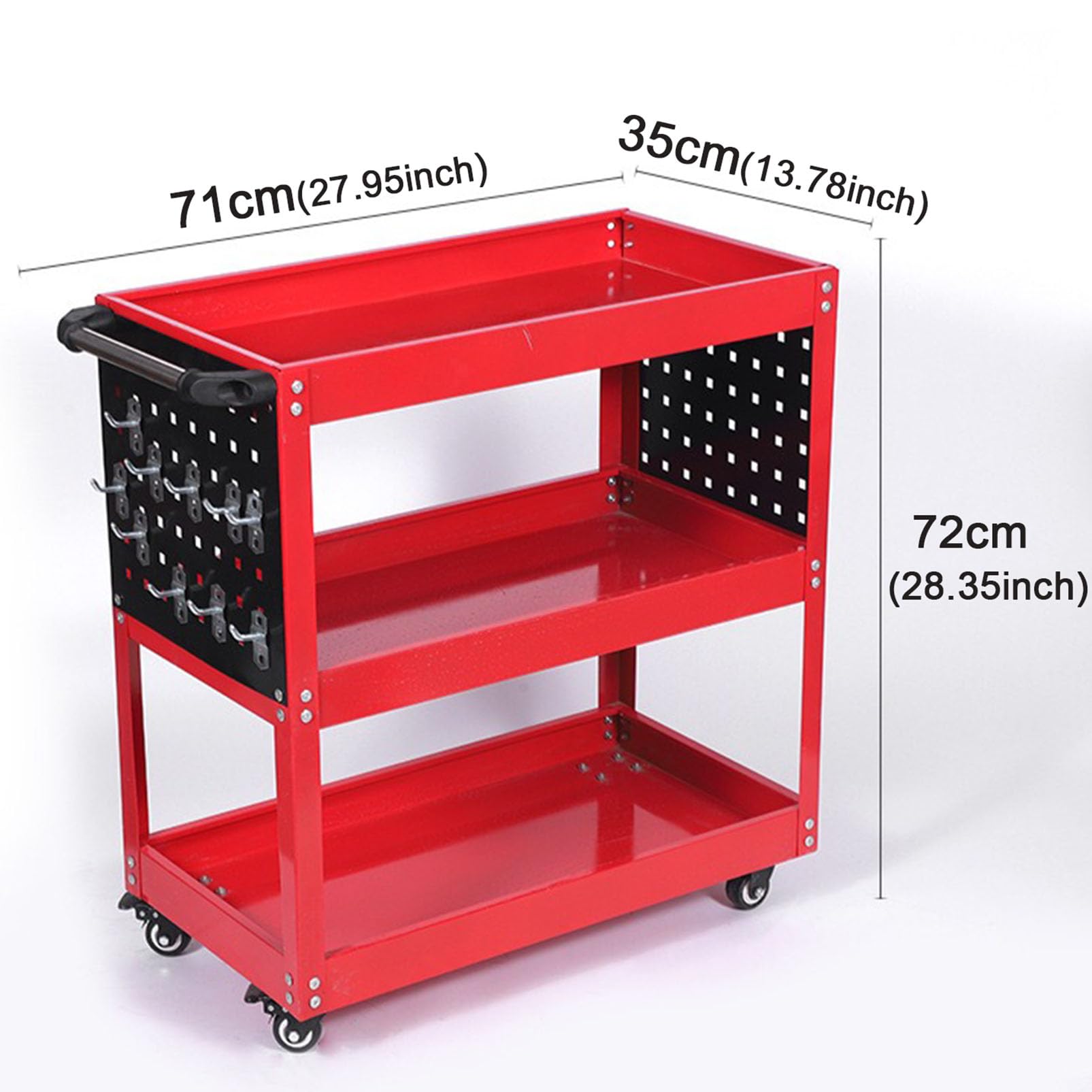 Carrello portautensili a 3 livelli, in metallo resistente, con ganci per pannello forato, grande carrello di servizio per garage, magazzino, officina