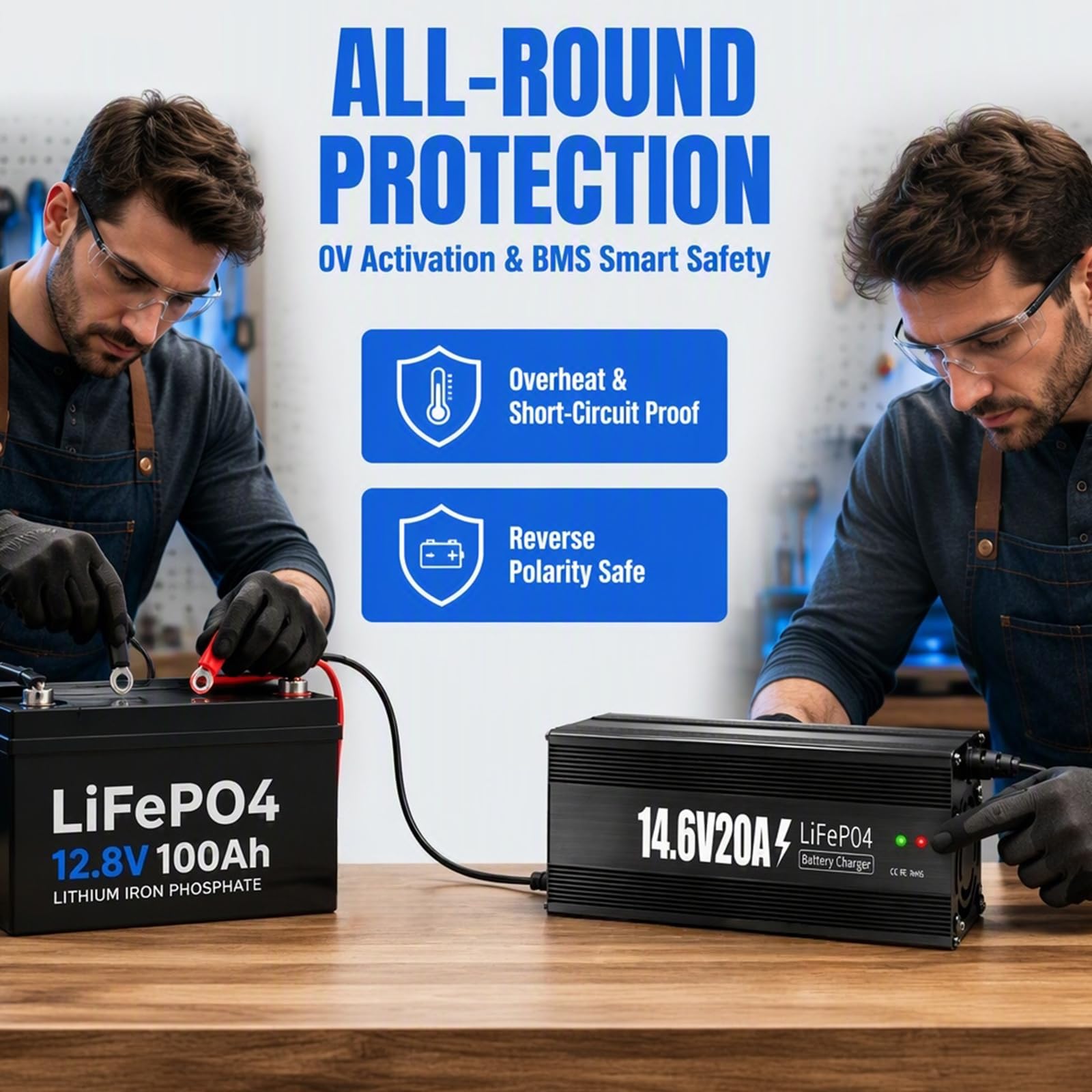 Chargeur de batterie LiFePO4 14,6 V 20 A, intelligence automatique à 3 niveaux, chargeur LiFePO4 12 V AC-DC, chargeur LiFePO 4 pour batteries au lithium LiFePO4 Deep Cycle de ménage, système