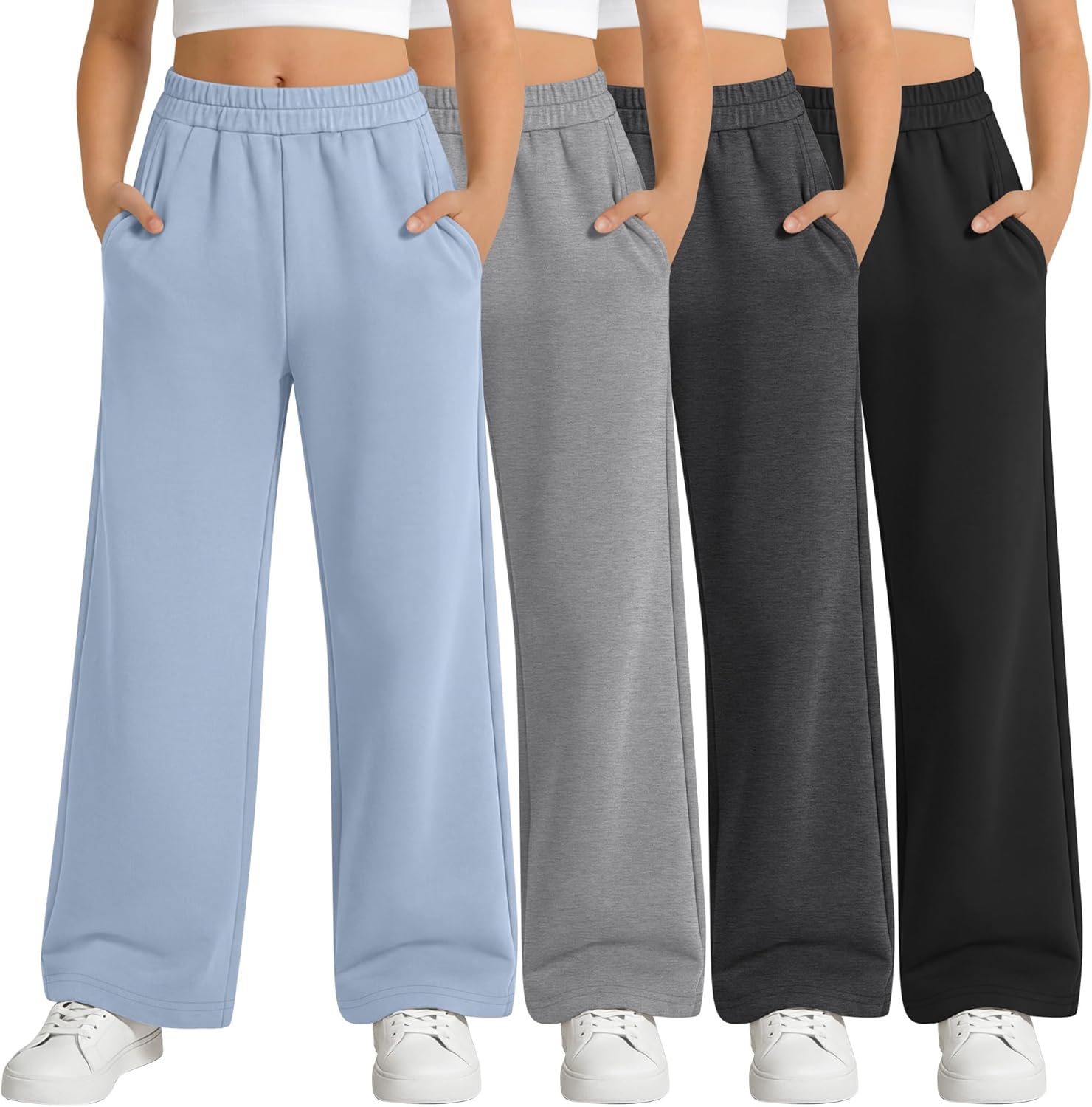 LessonZoo 4 Pack Girl's Sweatpants Straight Leg Drawstring Pants High Waisted Baggy Joggers Teen Girl Pants with Pockets