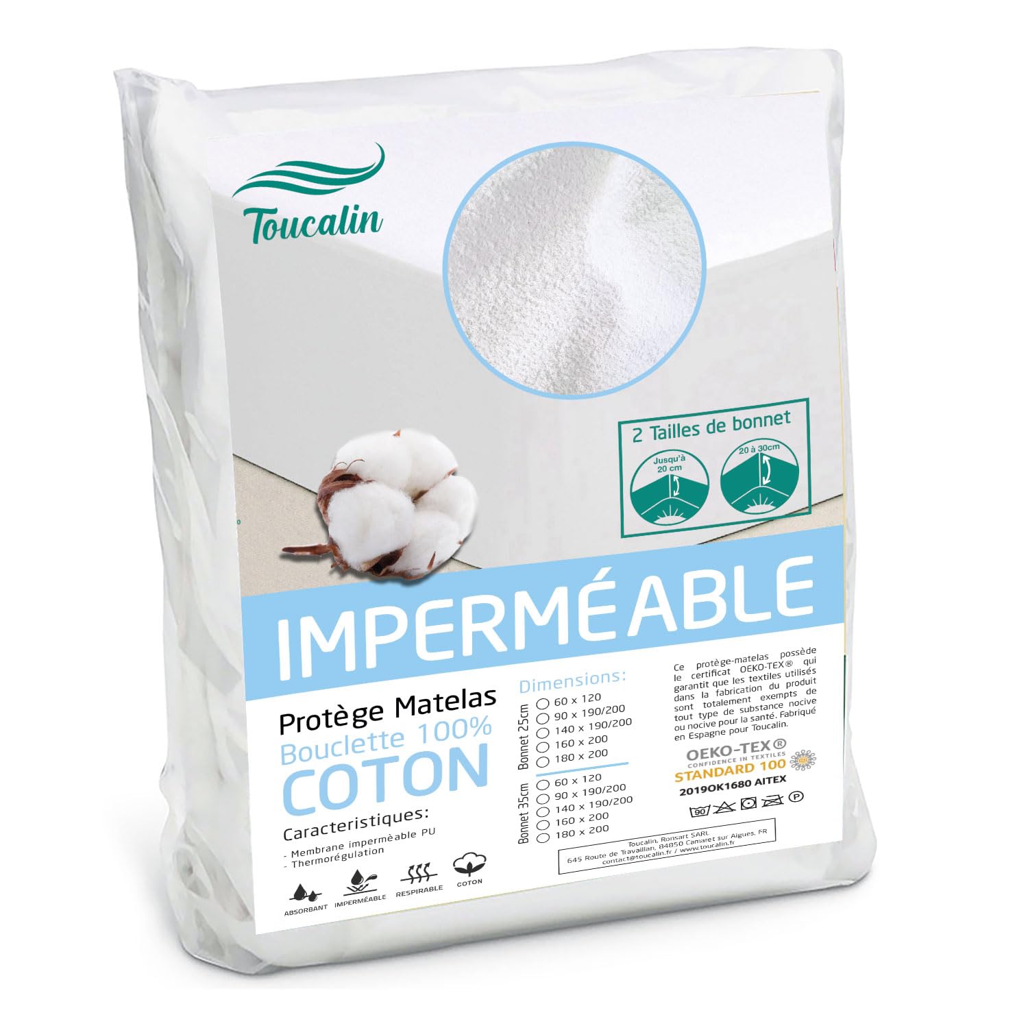 Coprimaterasso impermeabile Bouclette Comfort 100% cotone di alta qualità Oeko-TEX® berretto 35 cm coprimaterasso anallergico traspirante isolante per letto antiacaro 160 x 200