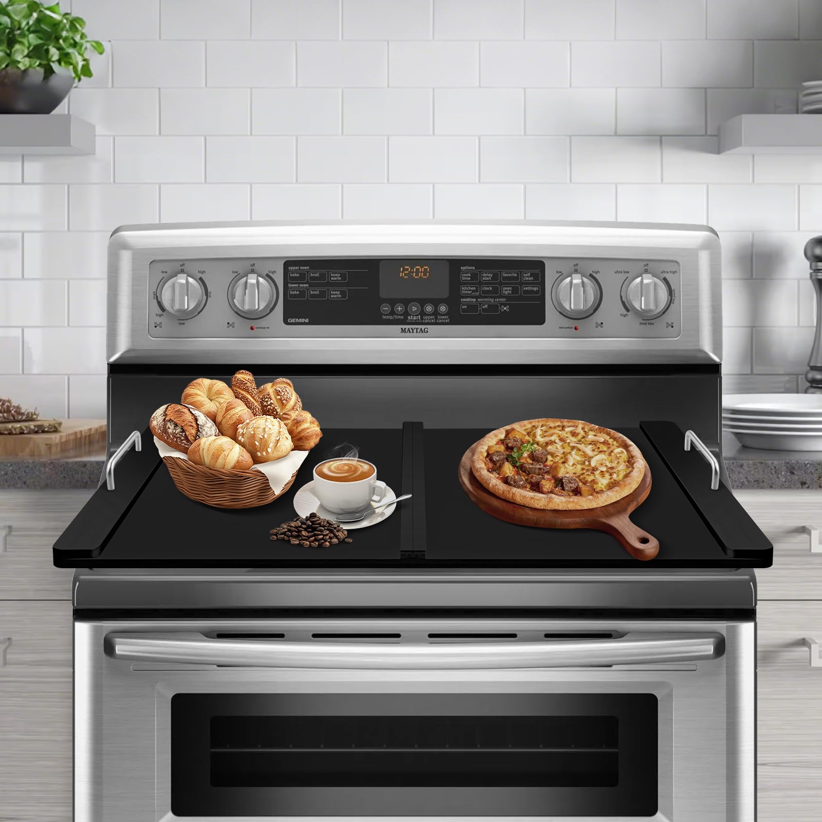 Stove Top Covers for Electric Stove & Gas Burners, Folding Noodle Board Stove Cover with Handles, Gas Stove Cover for RV, Apartment, Countertop-Black