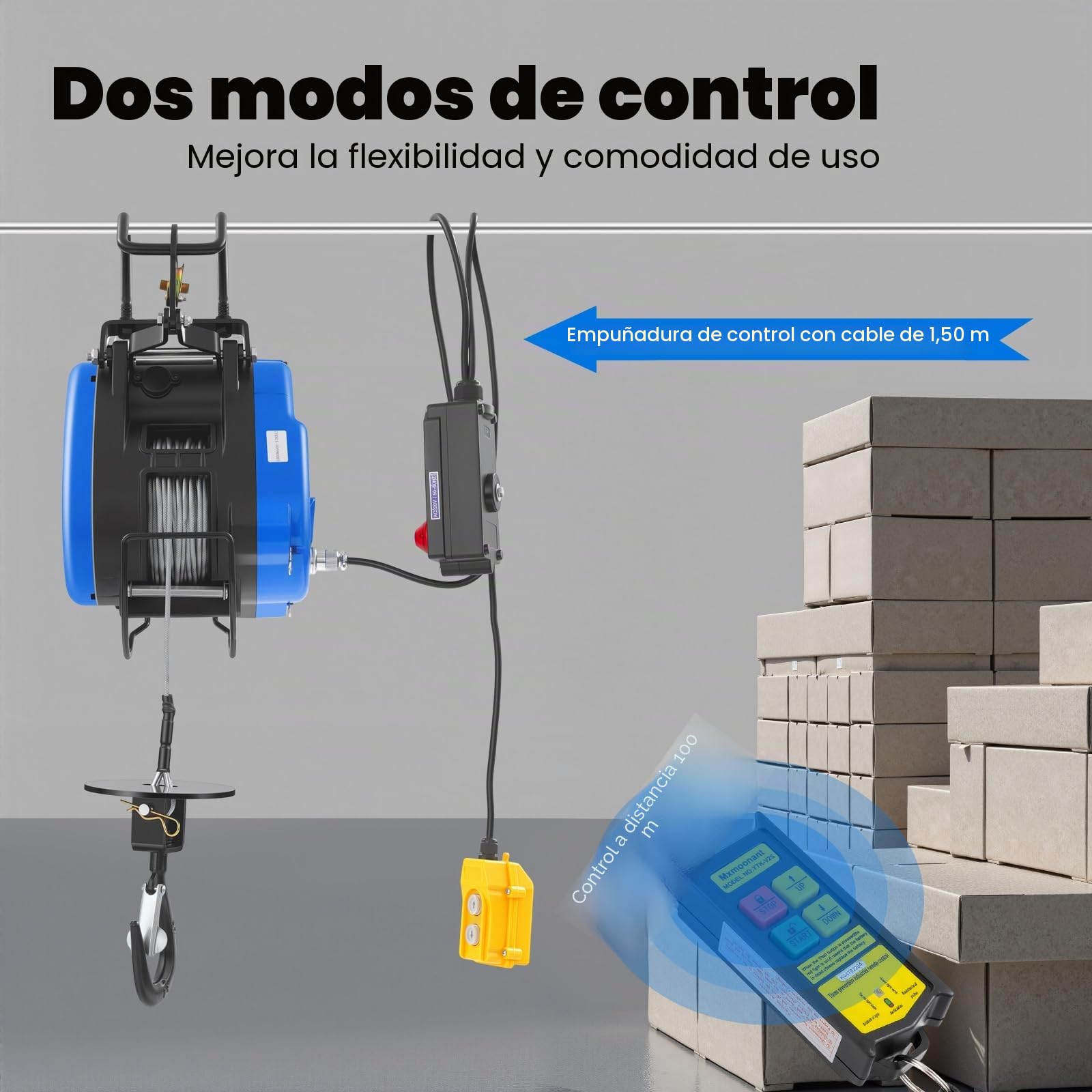 Cabestrante eléctrico RainWeel de 1500W 220V Polipasto Eléctrico 250kg 30m con cable de acero antitorsión Altura de elevación: 29m Mando por cable/control remoto