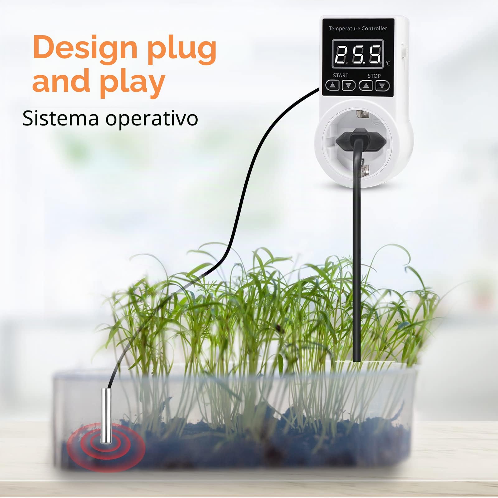 Vaileal Presa termostatica, regolatore di temperatura, regolatore di temperatura digitale con sonda, interruttore di temperatura impermeabile, termostato intelligente per serra, contenitore in vetro