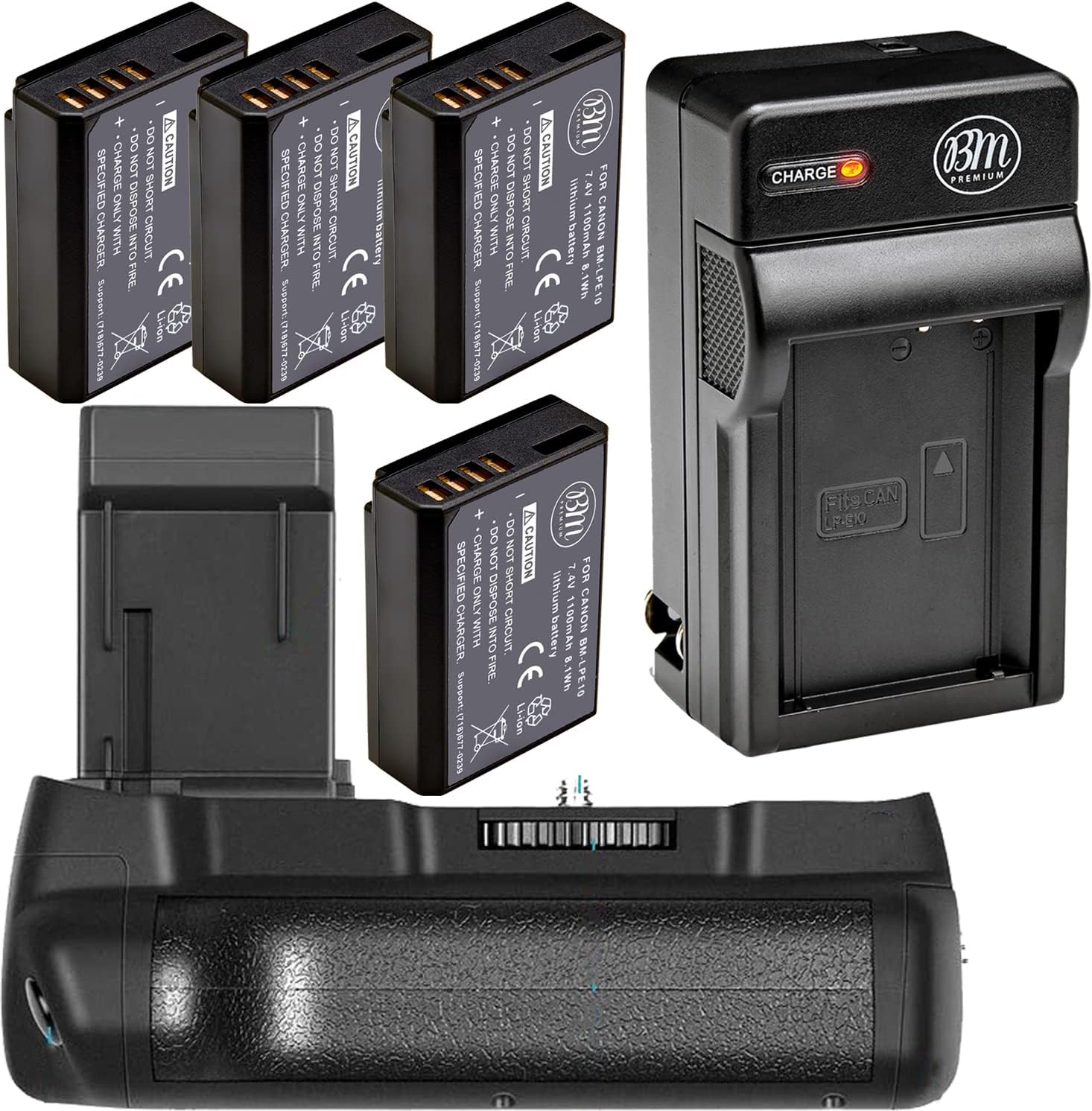 BM Premium Battery Grip Kit for Canon EOS Rebel T3, T5, T6, 1100D, 1200D, 1300D Digital Camera - Includes 1100DN Battery Grip Replacement + Qty 2 LP-10 Batteries + Battery Charger
