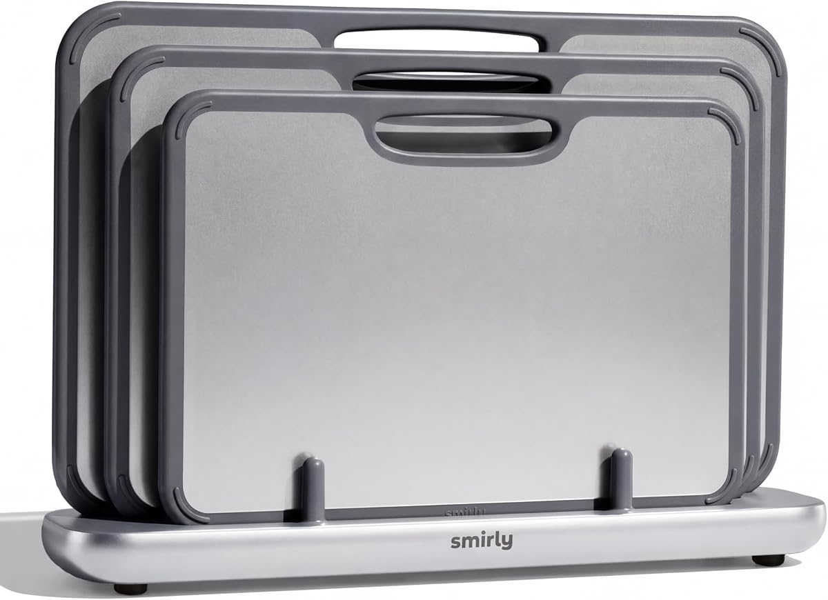 Tabla de cortar de titanio para cocina, con soporte, paquete de 3, plata | Superficie de titanio de grado alimenticio con un diseño no poroso de doble cara para una fácil limpieza y preparación de alimentos higiénicos