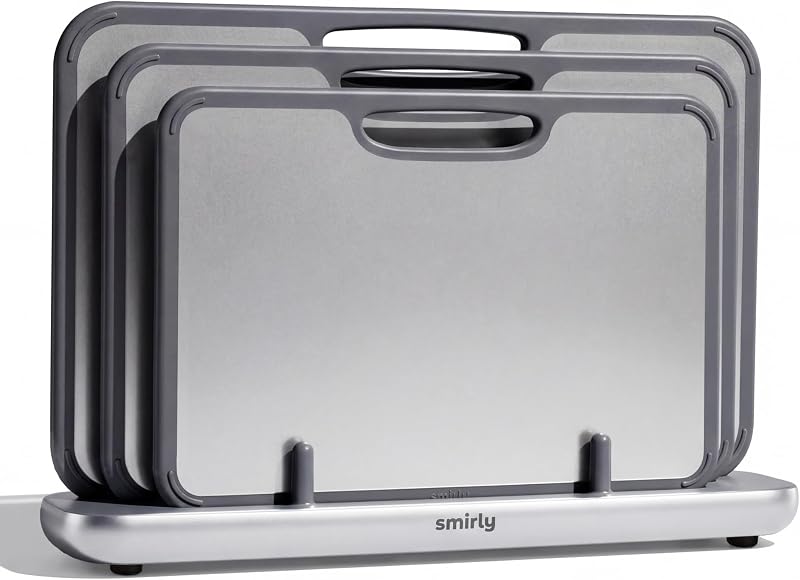 Titanium Cutting Board for Kitchen, with Holder, 3 Pack, Silver | Food-grade Titanium Surface with a Non-porous, Double-sided Design for Easy Cleaning and Hygienic Food Prep