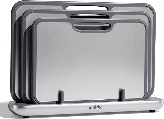 SMIRLY Titanium Cutting Board for Kitchen, Double Sided Chopping Board Set with Holder, Pure Titanium, 3 Pack (Silver)