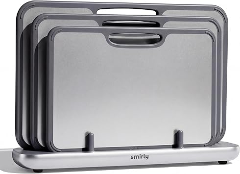 SMIRLY Titanium Cutting Board for Kitchen, Double Sided Chopping Board Set with Holder, Pure Titanium, 3 Pack (Silver)