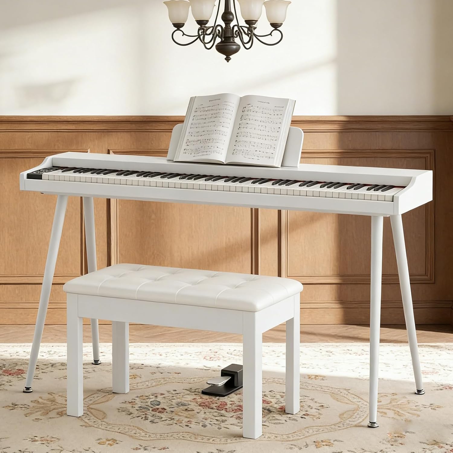 UMOMO Duet Piano Bench with Storage Compartment, Thick Padded Leather Cushion Keyboard 2 Person Stool for Music Books (440LB Capacity) (White)