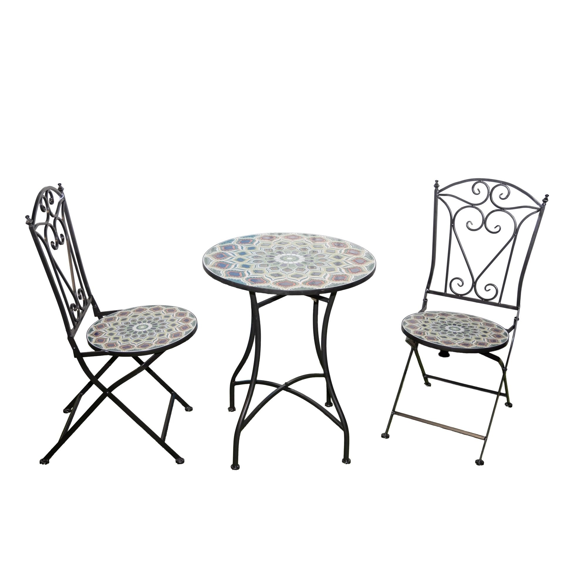 Shatchi - Bistro Set - Mosaic Round Ceramic Table - Two Folding Chairs - Small