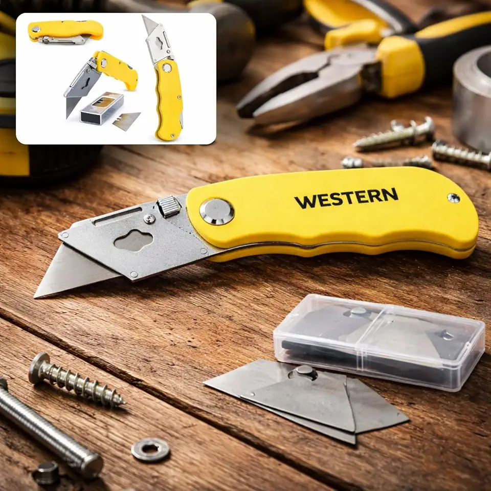 Estilete Trapezoidal Dobrável com Refil 4 Lâminas – Cutter Profissional com Trava de Segurança – Corte Preciso e Alta Resistência – Ideal para Caixa, Papelão e Uso Profissional