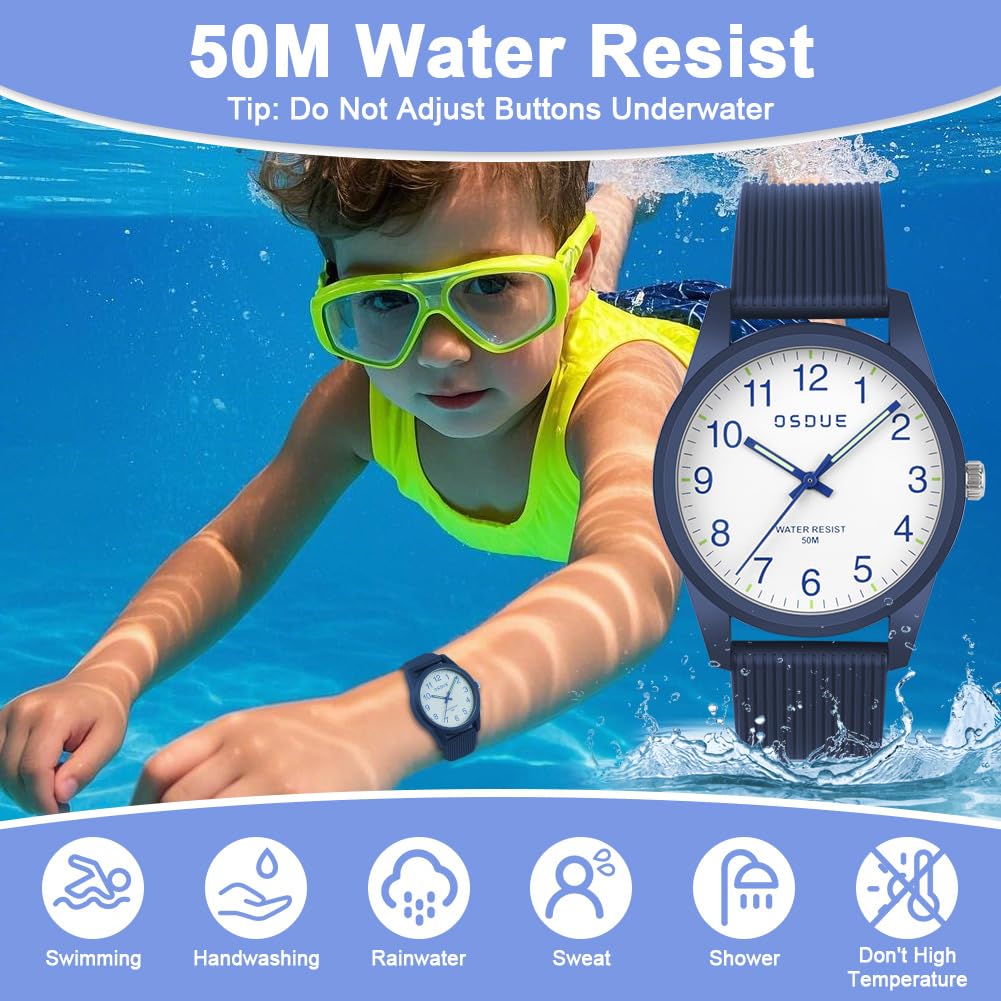 OSDUE Reloj para NiñOs, 5ATM/50M Impermeable Fácil de Leer Relojes de Pulsera con Correa Suave, Reloj de Pulsera Analógico para Niños Niñas Regalo de CumpleañOs para 4-18 Años