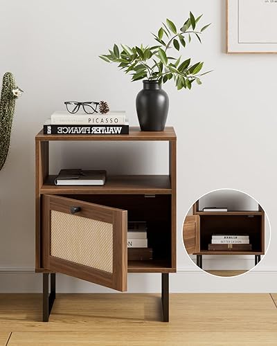Miniatura 83 de Masupu Mesita de noche de ratán con estación de carga, moderna mesita de noche de madera bohemia con cajón de almacenamiento y estante abierto, mesa