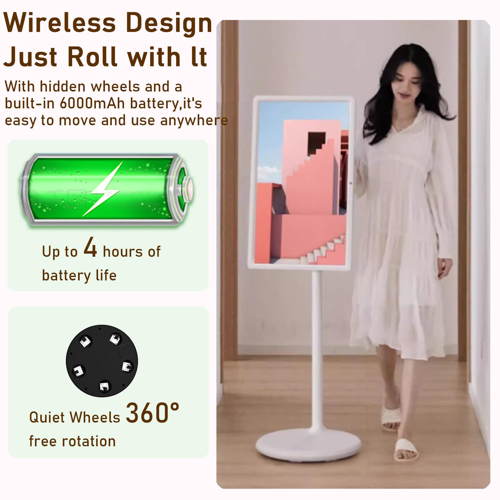 Televisor Inteligente Portátil de 21.5 Pulgadas con Pantalla Táctil, Batería de 6000 Mah, Si-stema Operativo Android, 4 GB y 64 GB de Almacenamiento Black-4+64G