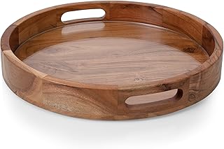 PICNIC TIME Barista Serving Tray with Glass Insert, Round Acacia Wood Cheese Board, Serving Platter with Handles, (Acacia Wood)