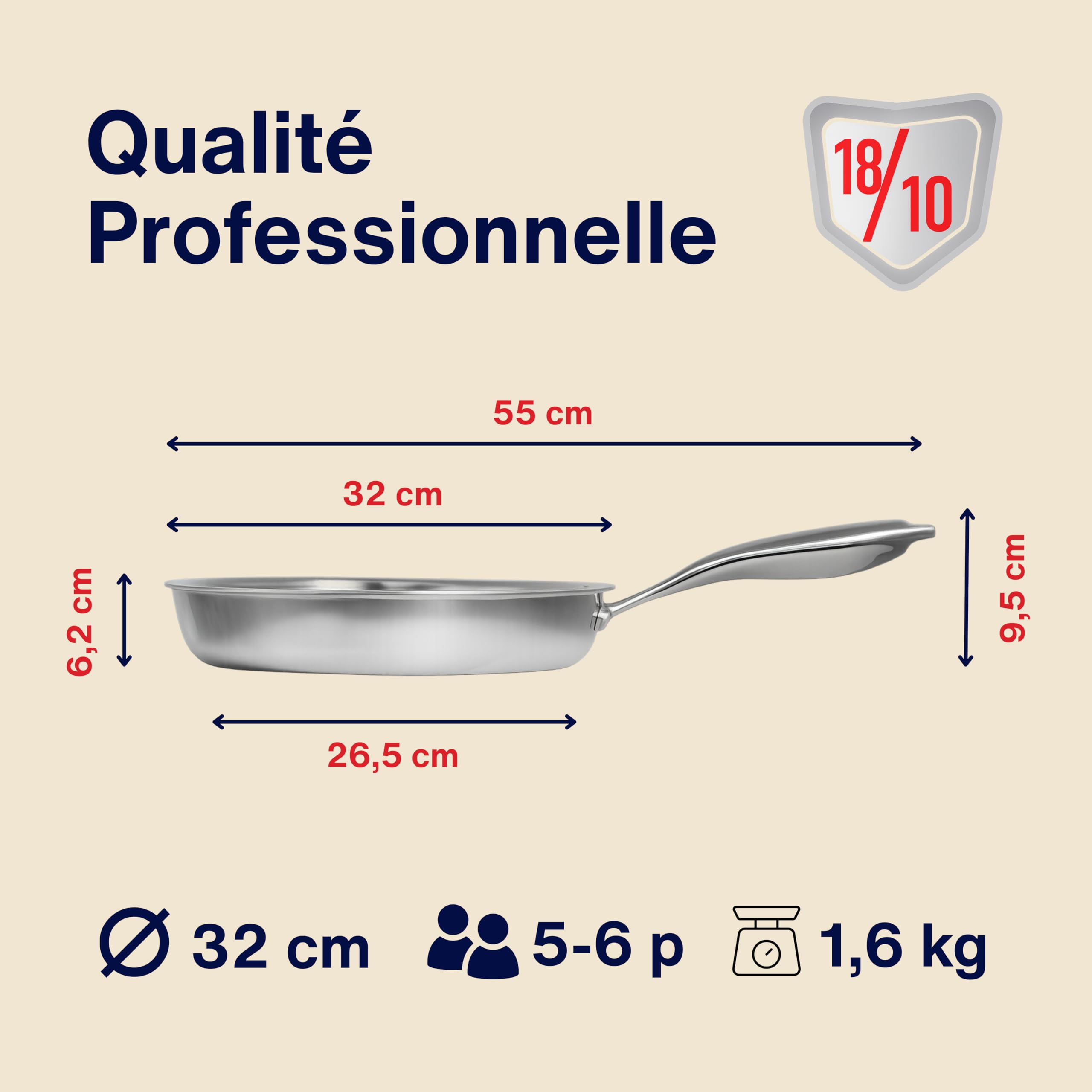 Poêle Inox 18/10 Triply – 32 cm – Sans Revêtement – Sans PFAS, PFOA, PTFE – Compatible Tous Feux Dont Induction – Manche Riveté Froid – Cuisson Saine et Durable