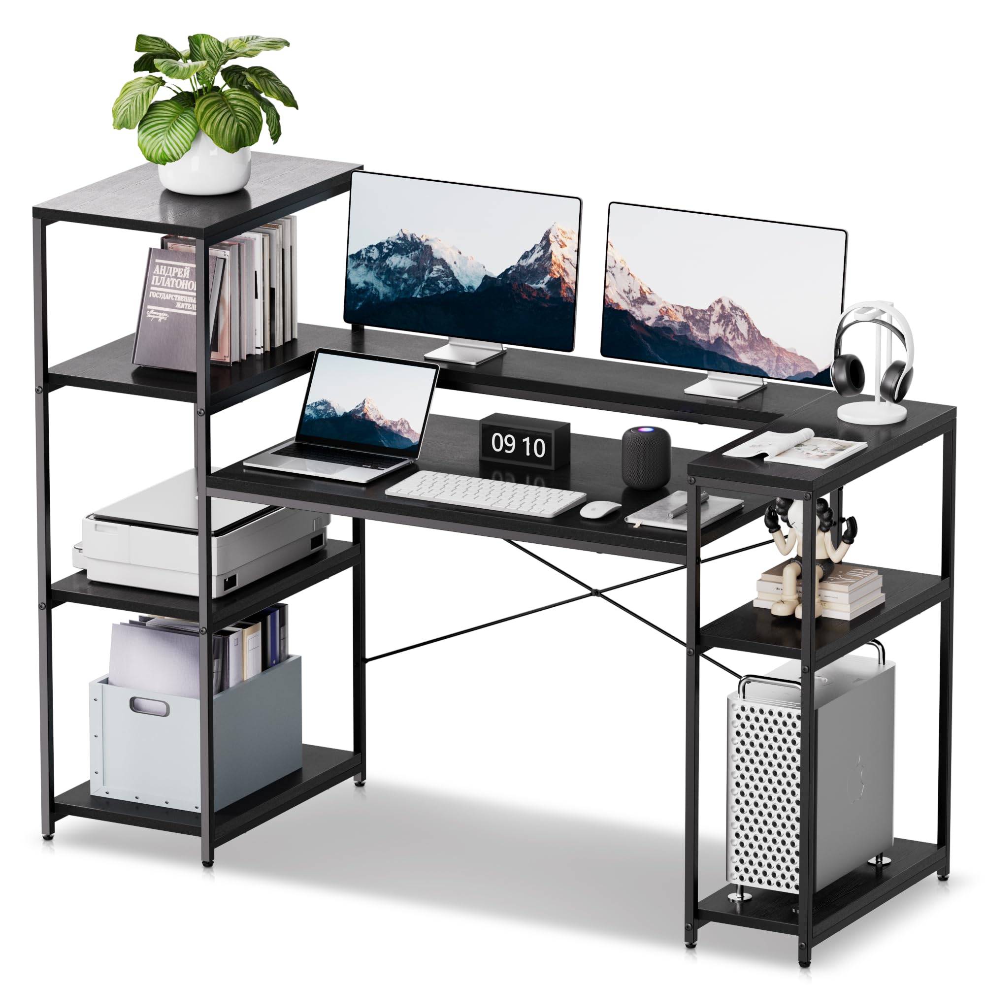 HYPIGO Computer Desk with Storage Shelves, 63 Inch Office Desk with Monitor Stand, Gaming Desk with CPU Stand for Study, Writing, PC Work, Gaming,