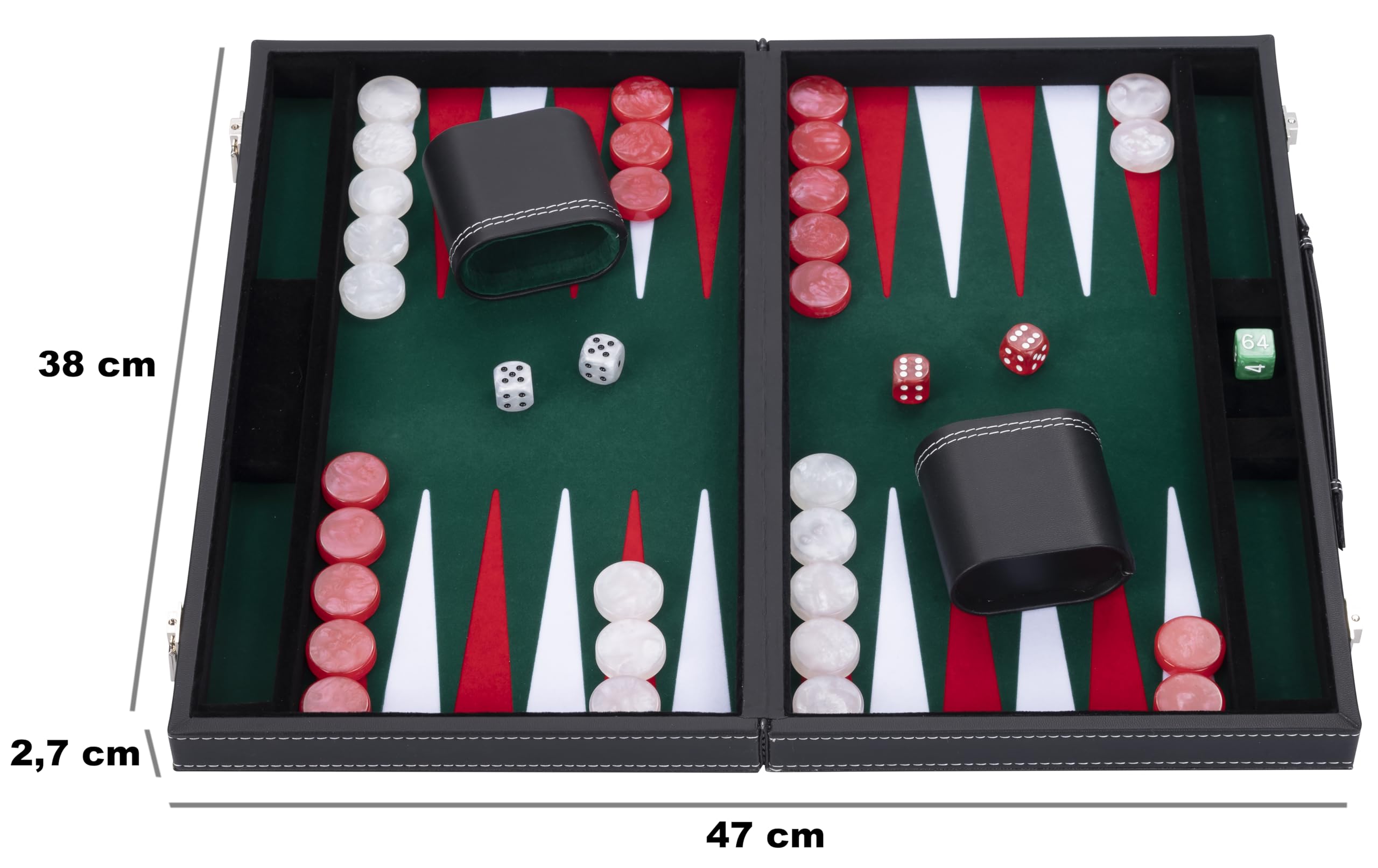 Engelhart - 250508 - Backgammon de Lujo - Verde - 38 cm - 15 Pulgadas - Símil Cuero - Incrustación de Fieltro - Dados y Fichas Nacaradas + 2 Cubiletes - Juego de Estrategia - Juego de Backgammon