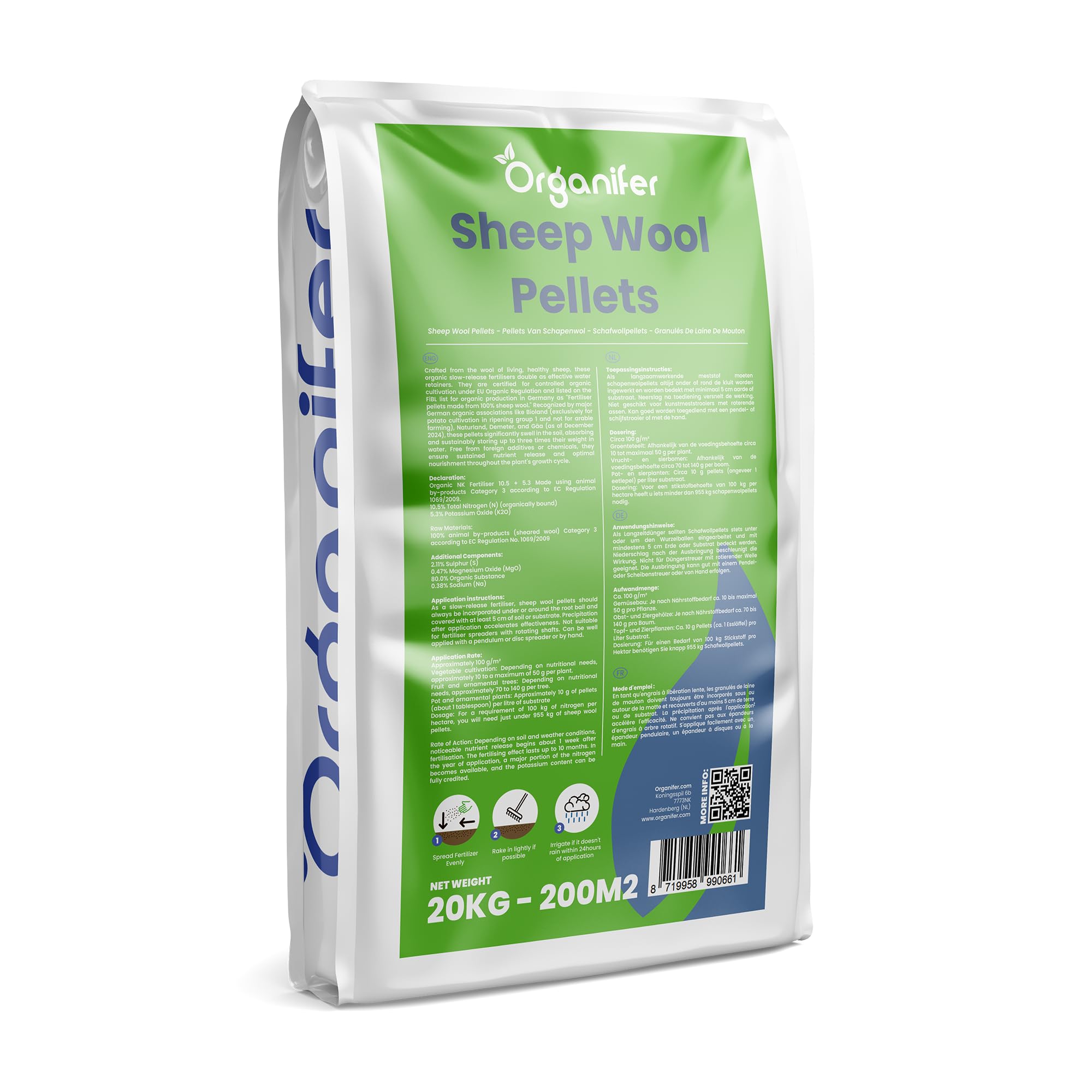 Granulat Z Wełny Owczej - 20kg = 200m2 | Nawóz Organiczny - Do Warzyw - Owoców - Drzew I Roślin Ozdobnych - Długotrwałe Wzbogacanie Gleby W Azot - Organifer