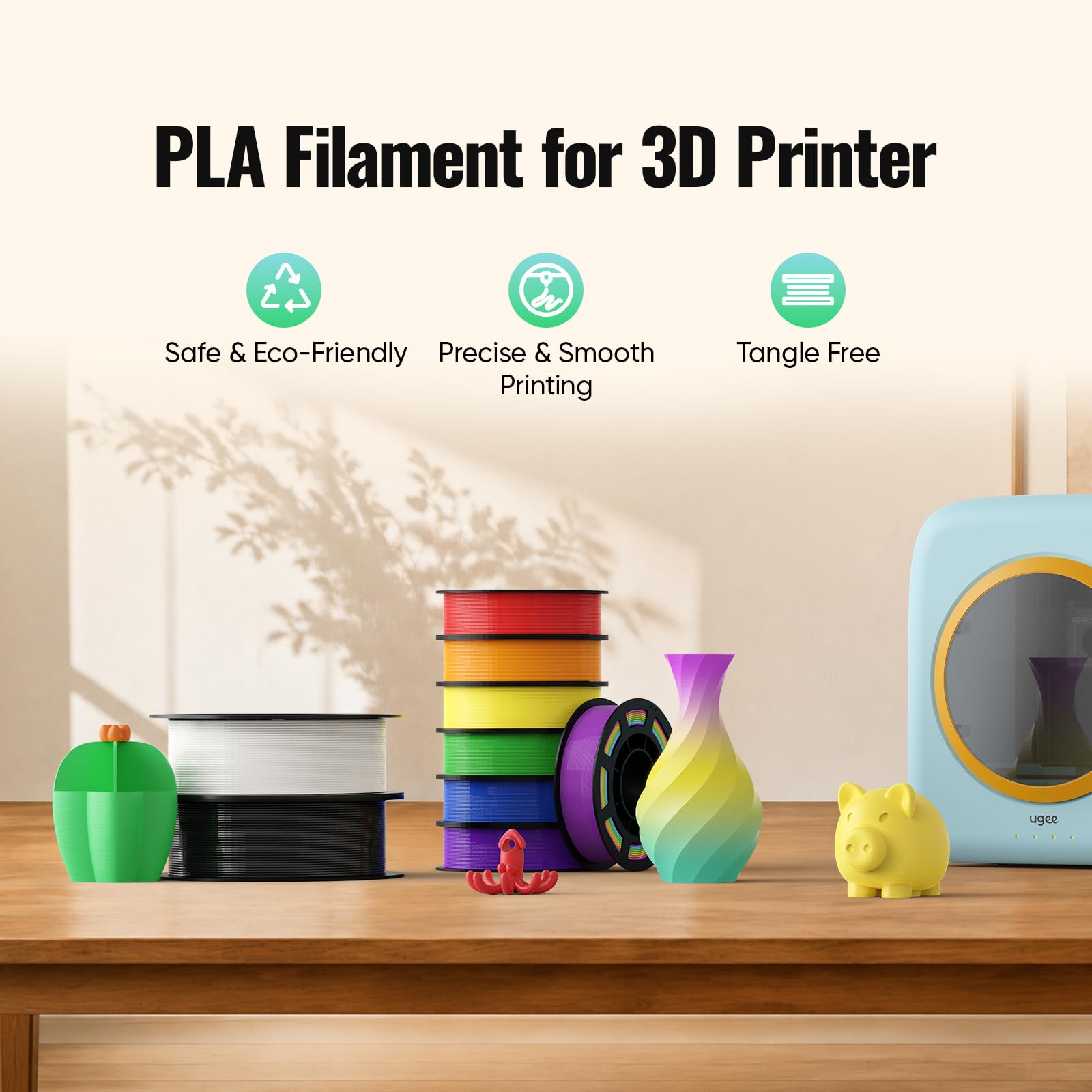 UGEE Filamento per stampante 3D in PLA da 1,75 mm, bobina da 1 kg, precisione dimensionale +/- 0,02 mm, compatibile con la maggior parte delle stampanti 3D FDM, bobina da 1 kg (1 kg), colore nero