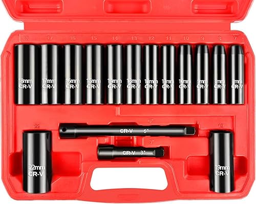 WETT Juego de llaves de vaso de impacto profundo de 38 pulgadas, juego de llaves de vaso métricas de 16 piezas, 6 puntos, acero Cr-V, llaves de vaso
