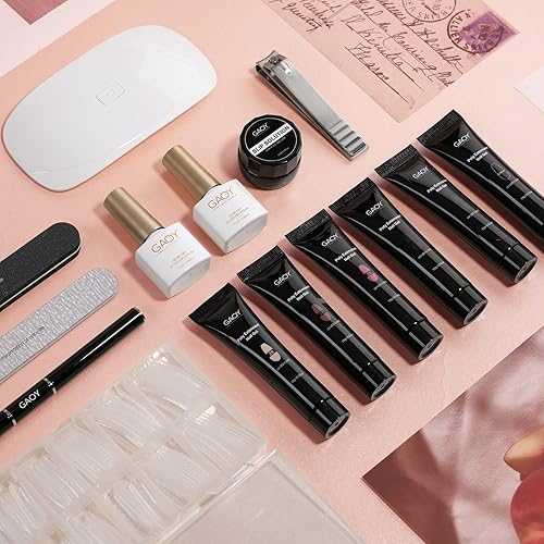 Miniatura 6 de GAOY Kit de uñas de poligel con kit de iniciación de luz UV, 6 colores nude, rosa, negro, extensión de gel constructor para principiantes con todo