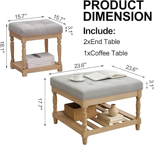 Miniatura 19 de UEV Juego de 3 mesas de café otomanas, juego de mesa de madera para sala de estar, incluye 2 mesas auxiliares tapizadas, mesita de noche, patas de