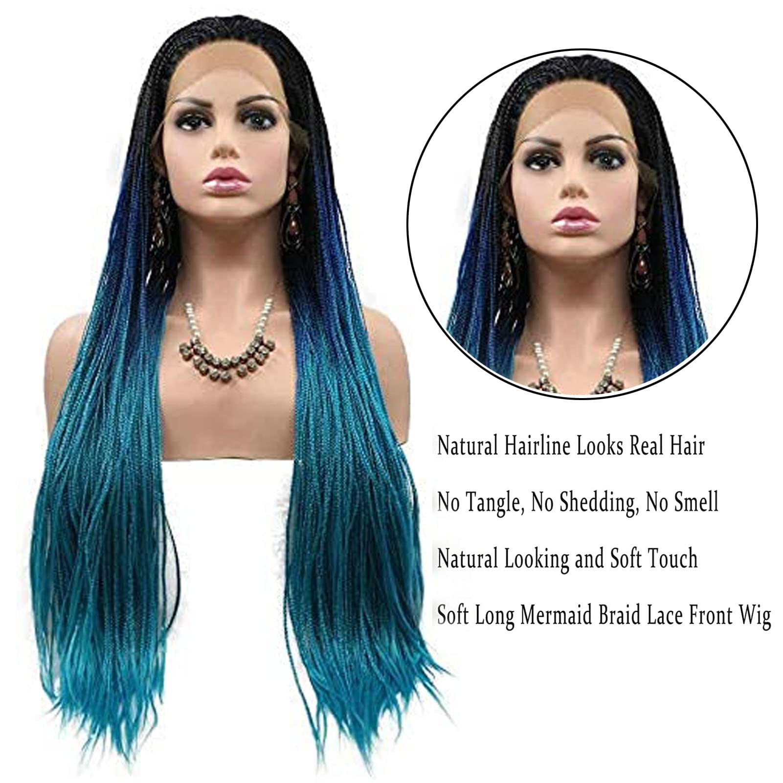 Blue Braided Wigs for Black Women Long Straight Box Braids Wig Black Ombre Blue Micro Braid Wig Realistic Hairline Glueless Knotless Braided Coloured Wigs Synthetic Heat Resistant Hair Cosplay 26Inch - Image 3