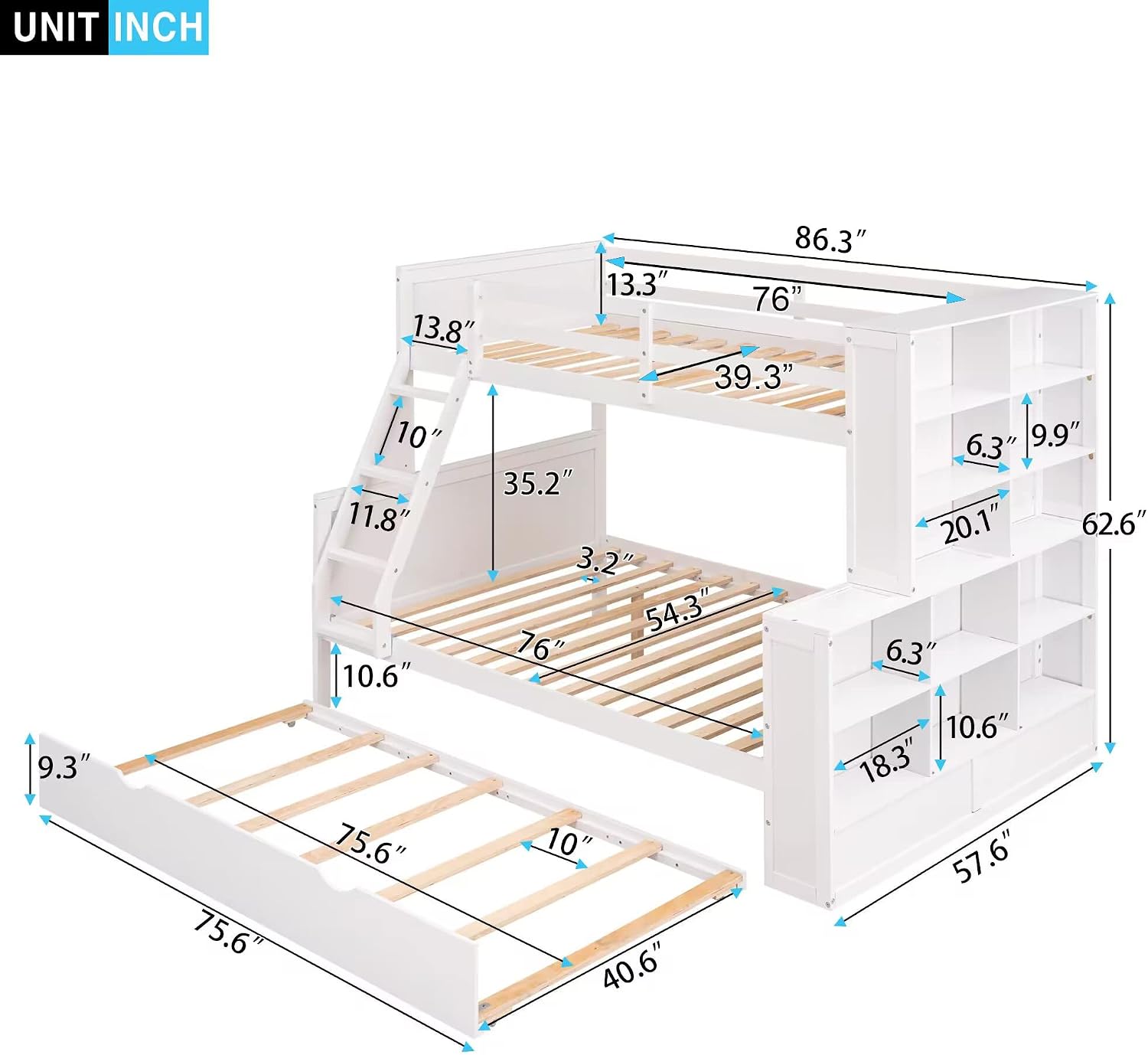 Bellemave Twin Over Full Bunk Bed with Trundle and Storage Shelves for Kids, Wood Bunk Beds Frame with Bookcase, Can Be Divided into Two Beds, White