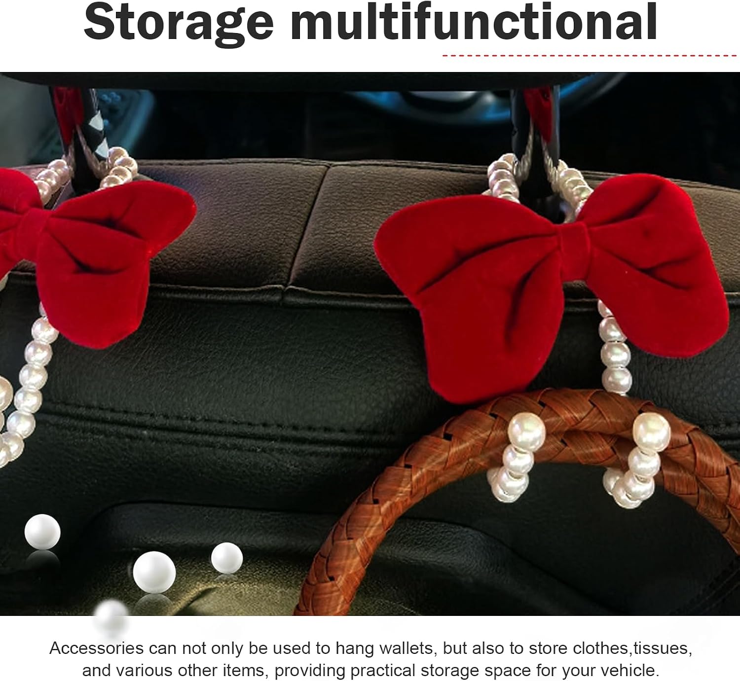 2 PCS Bow Car Headrest Hooks, Fluffy Bow & Elegant Pearl Decorative Hanger, Multifunction Hanging Purse Hook & Phone Stand, Portable Front Seat Organizer for Women Girls (Red) image 5