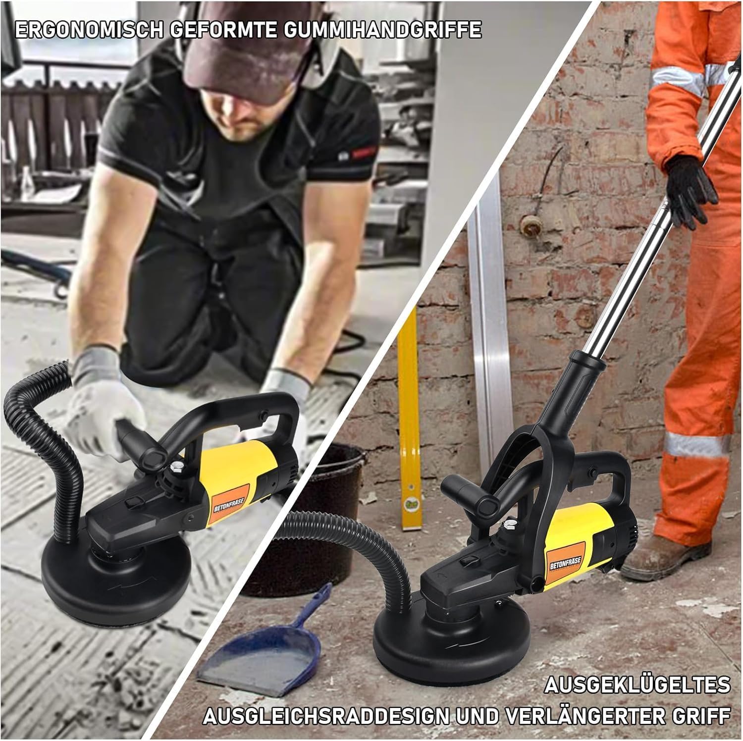 3800 W 6000 RPM - Lijadora de hormigón, motor potente, mango largo, diámetro de 180 mm, 6 marchas, fresadora de hormigón, fresadora de saneamiento, fresadora de limpieza con campana de extracción