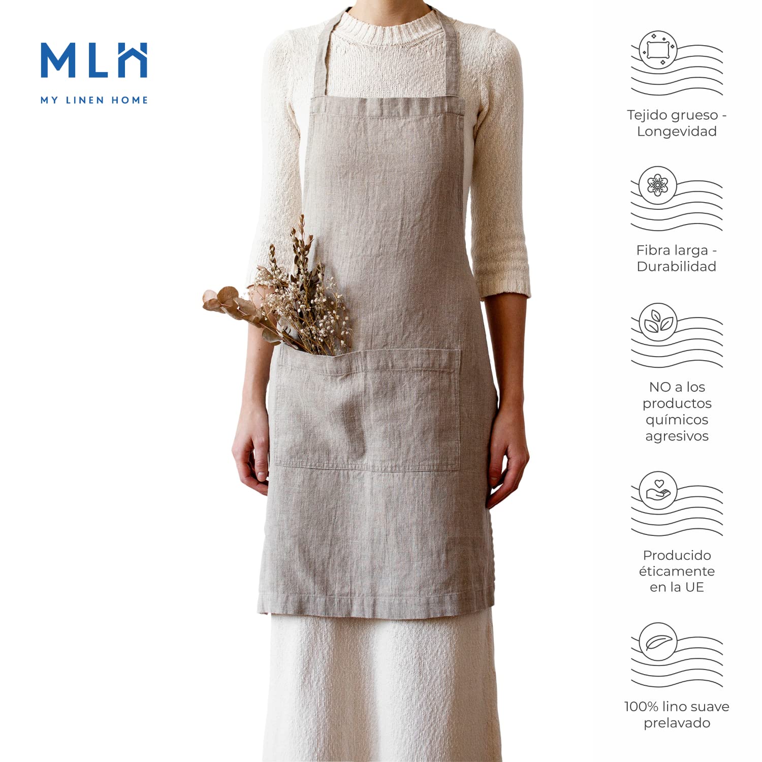 My Linen Home I Delantal de Lino - 100% Lino Lavado I Delantal de Cocina para Mujer y Hombre I Delantales de Cocina con dos Bolsillos I Tamaño Ajustable