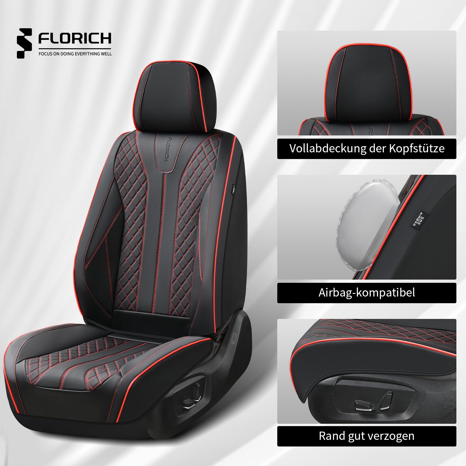 FLORICH Coprisedili Universali Coprisedili Coprisedili in Pelle Impermeabili Adatti alla Maggior Parte Delle Autovetture, SUV (Completo, Nero&Rosso Linea)
