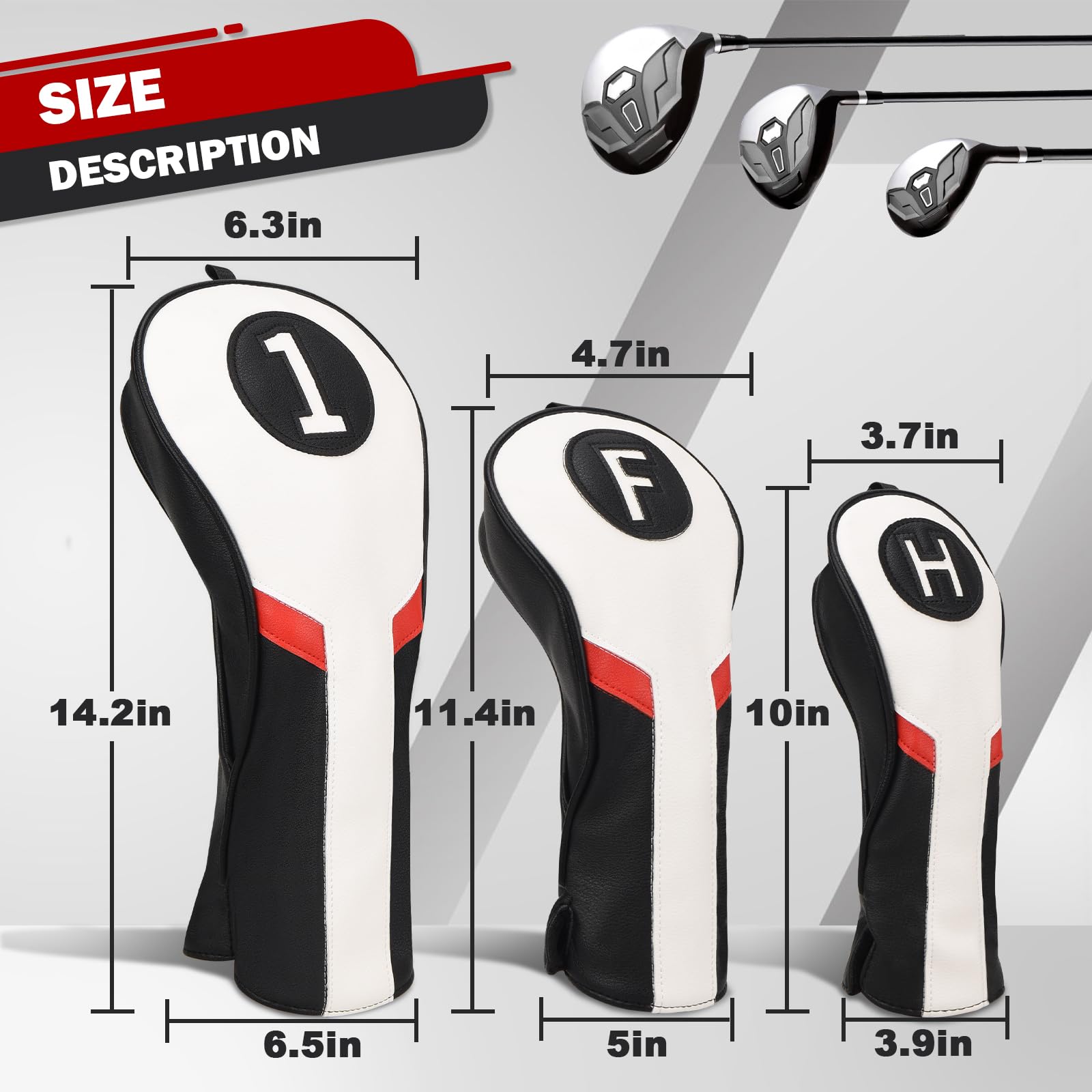 Copritesta in legno per mazze da golf, per driver/fairway/ibrido/1FH/Ferri in pelle PU bianca e nera e rossa