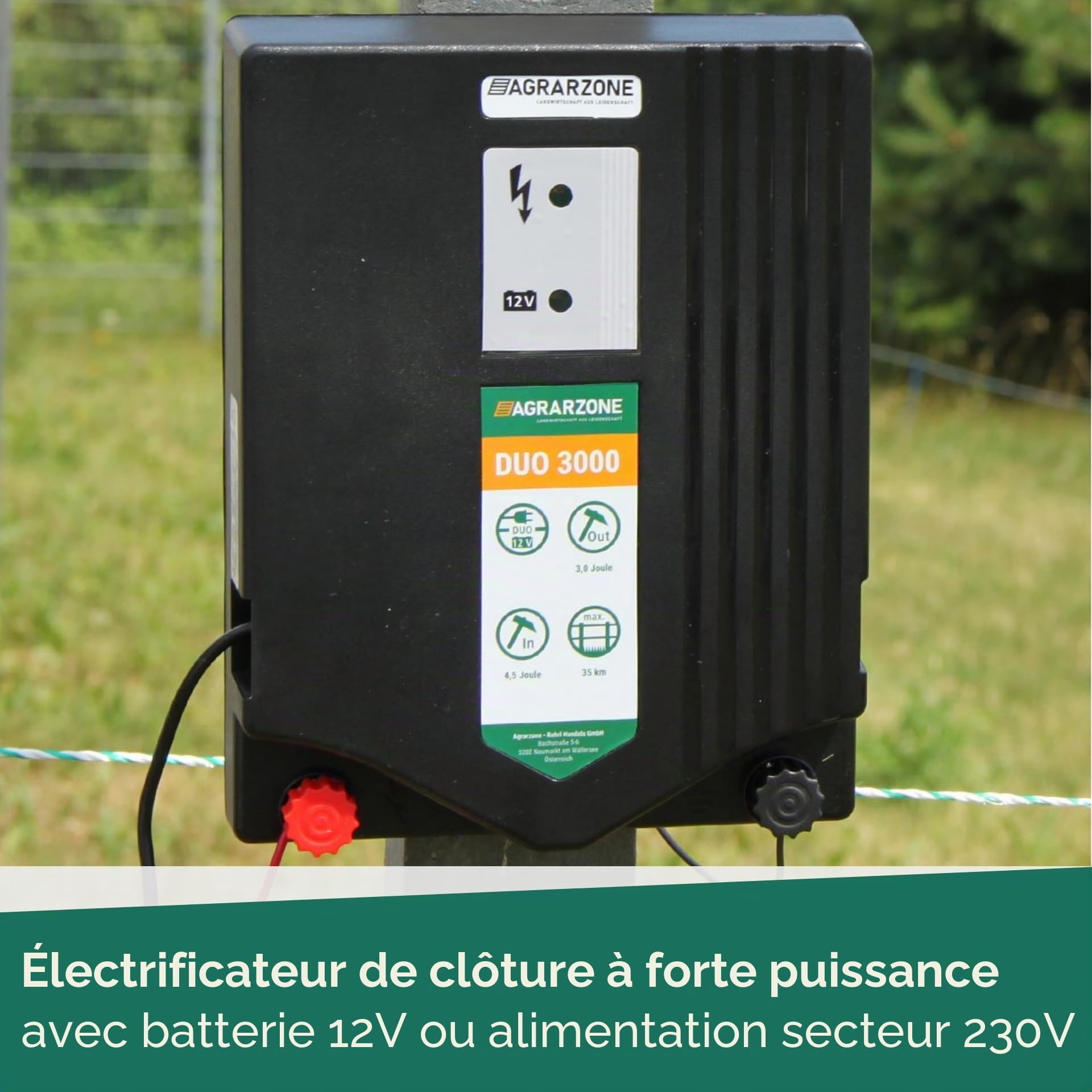 Agrarzone Duo 3000 Électrificateur de clôture 12V / 230V, 4,5 Joules - Fonctionnement sur Batterie ou Secteur - Électrificateur de clôture électrique - pour Chevaux, bovins et Ovins