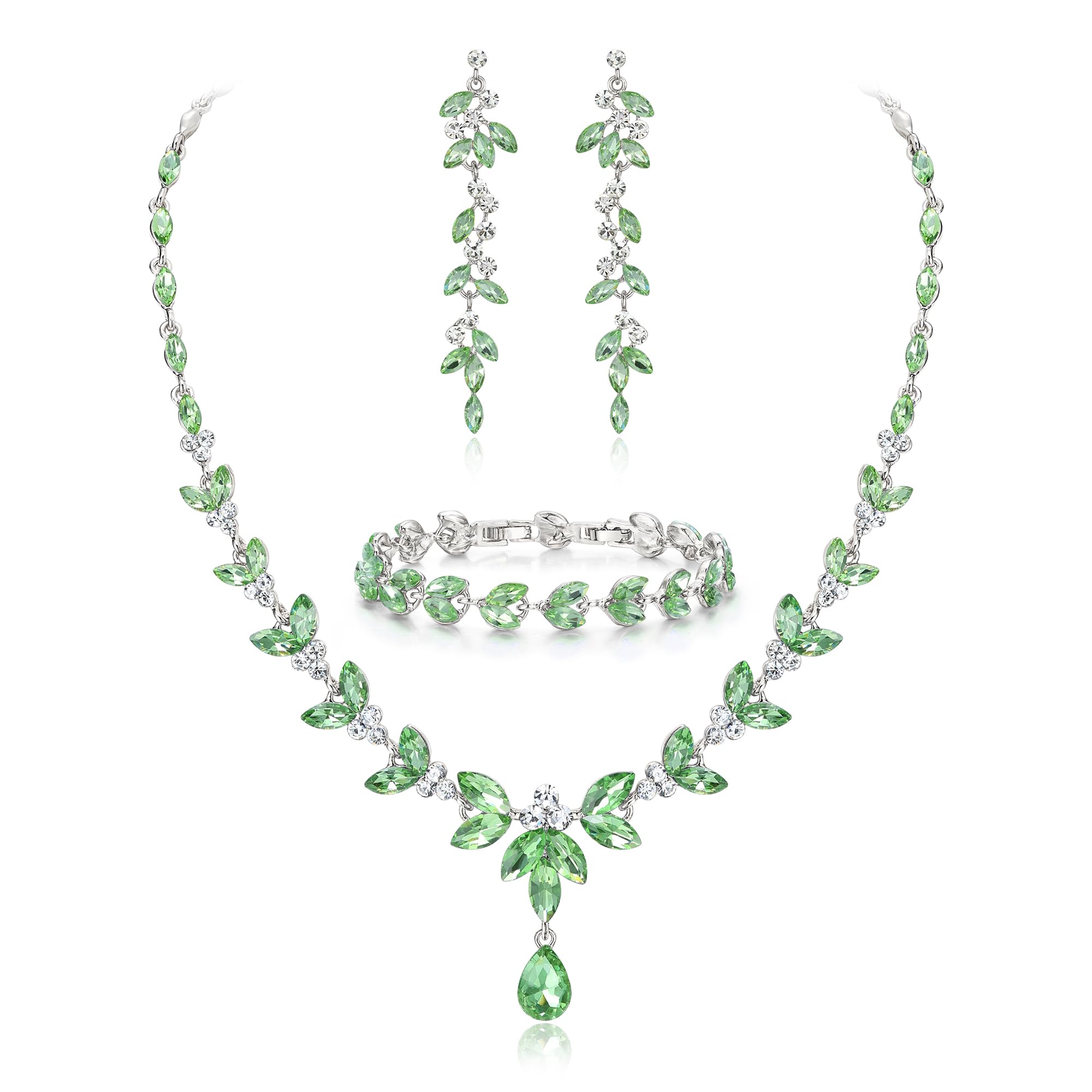 EVER FAITH Parure Bijoux Femme Mariage Mariée en Cristal Autrichien Élégant Collier Boucles d'Oreilles Pendantes et Bracelets 3PCS Ensemble Marquise Avec Feuilles De Strass Clair Ton d'argent