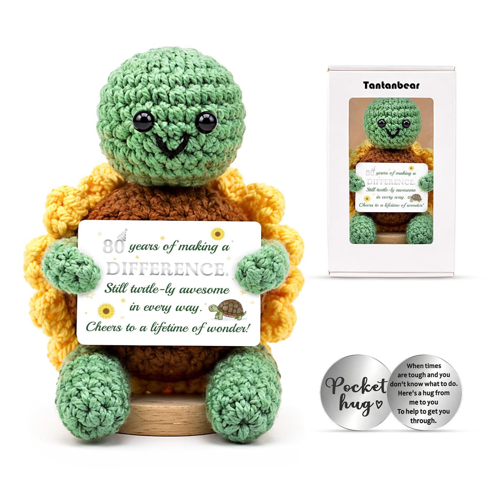 Positive Crochet Turtle 80th Birthday Gifts for Women Men, Sunflower Crochet Animals Emotional Support Plush, Handmade Desk Decor Keepsake Gift Box with Lucky Coin Card for Her Him Friend Grandparent — image 1