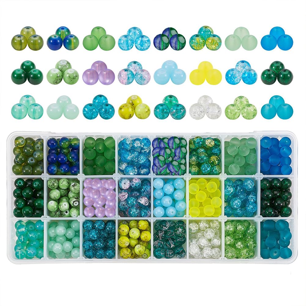 PH PandaHall - Perline in vetro da 8 mm, 24 colori, per la creazione di gioielli, San Patrizio, perline rotonde in vetro verde per fai da te St Patrick, orecchini, collane, bracciali, circa 624 pezzi