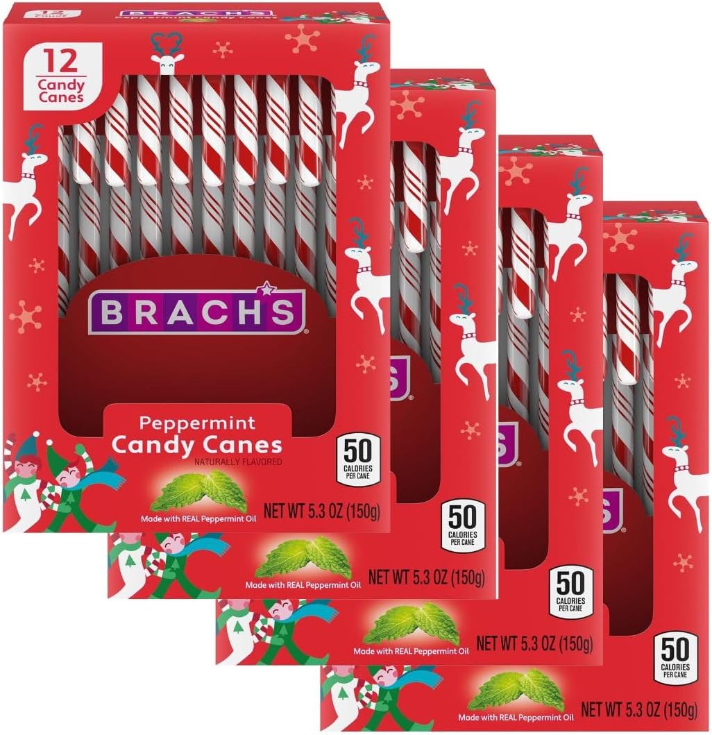 Sweetsome Brachs Bobs Red & White Peppermint Candy Canes, Naturally Flavored Christmas Candy, Stocking Stuffers for Kids, Holiday Classic, 5.3 Oz, 12 Count - Pack of 4