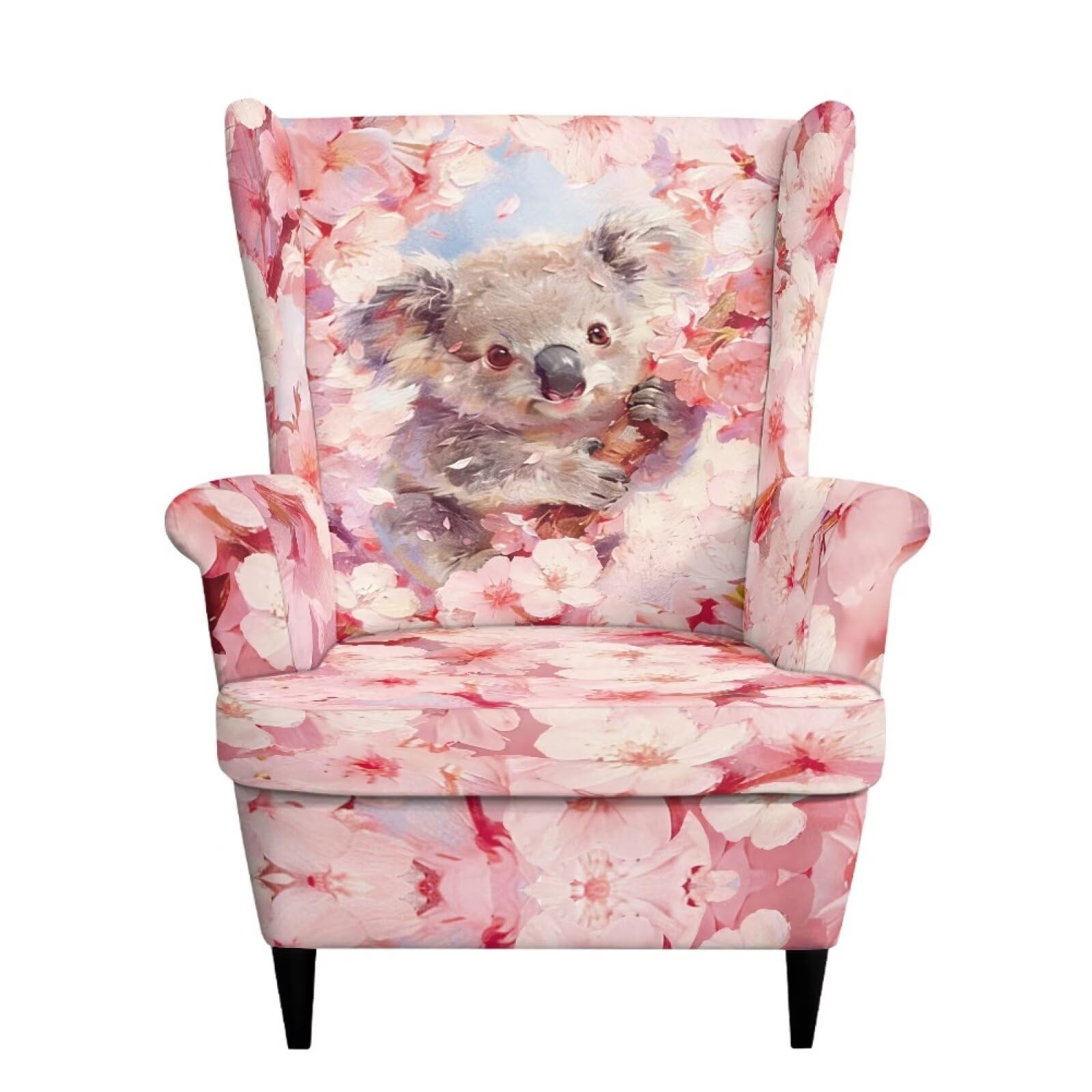 Xoenoiee Koala - Funda para silla con respaldo de alas con estampado de flores de cerezo, 2 piezas, fundas para sillón con parte inferior elástica, protector antideslizante para muebles para sala de